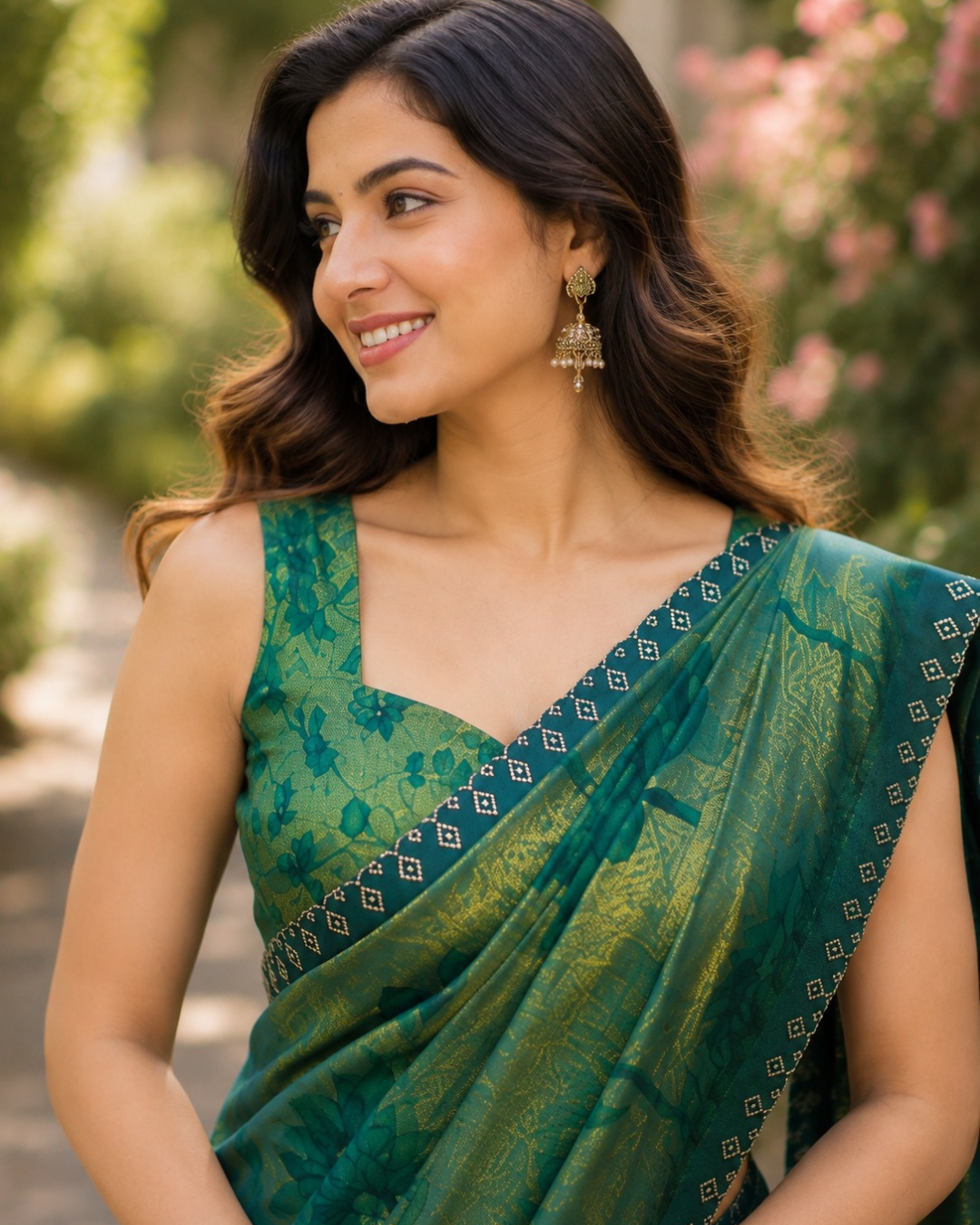 Emerald Green Floral Vine Fandy Silk Saree