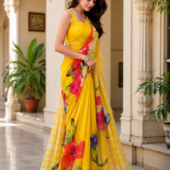 Sunshine Yellow Floral Printed Georgette Saree