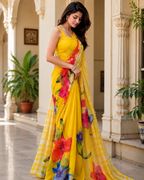 Sunshine Yellow Floral Printed Georgette Saree