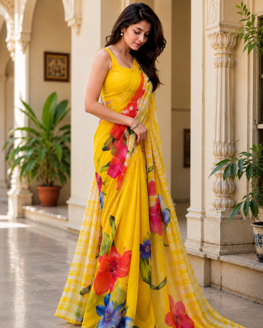 Sunshine Yellow Floral Printed Georgette Saree