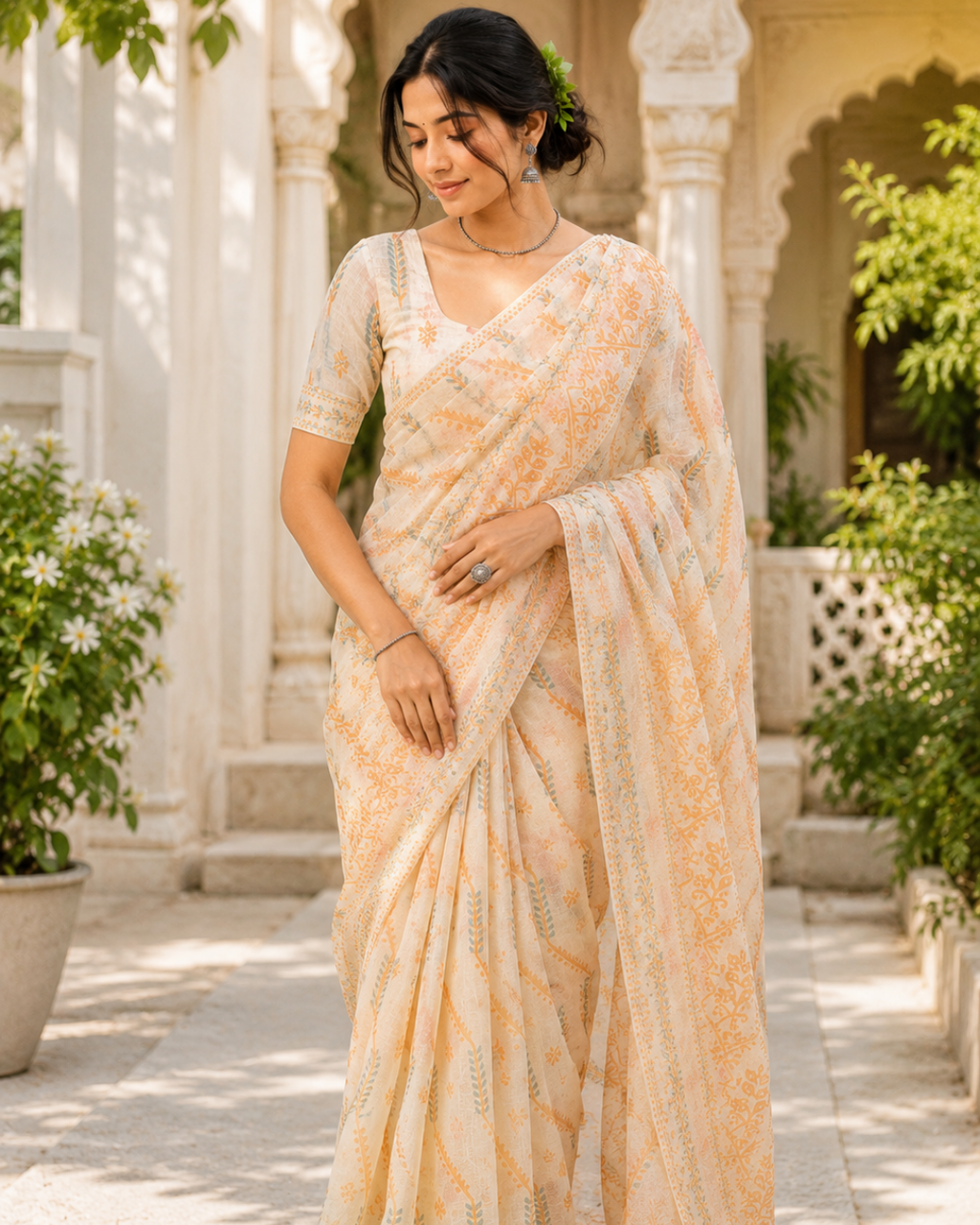 Ivory Peach Chanderi Saree
