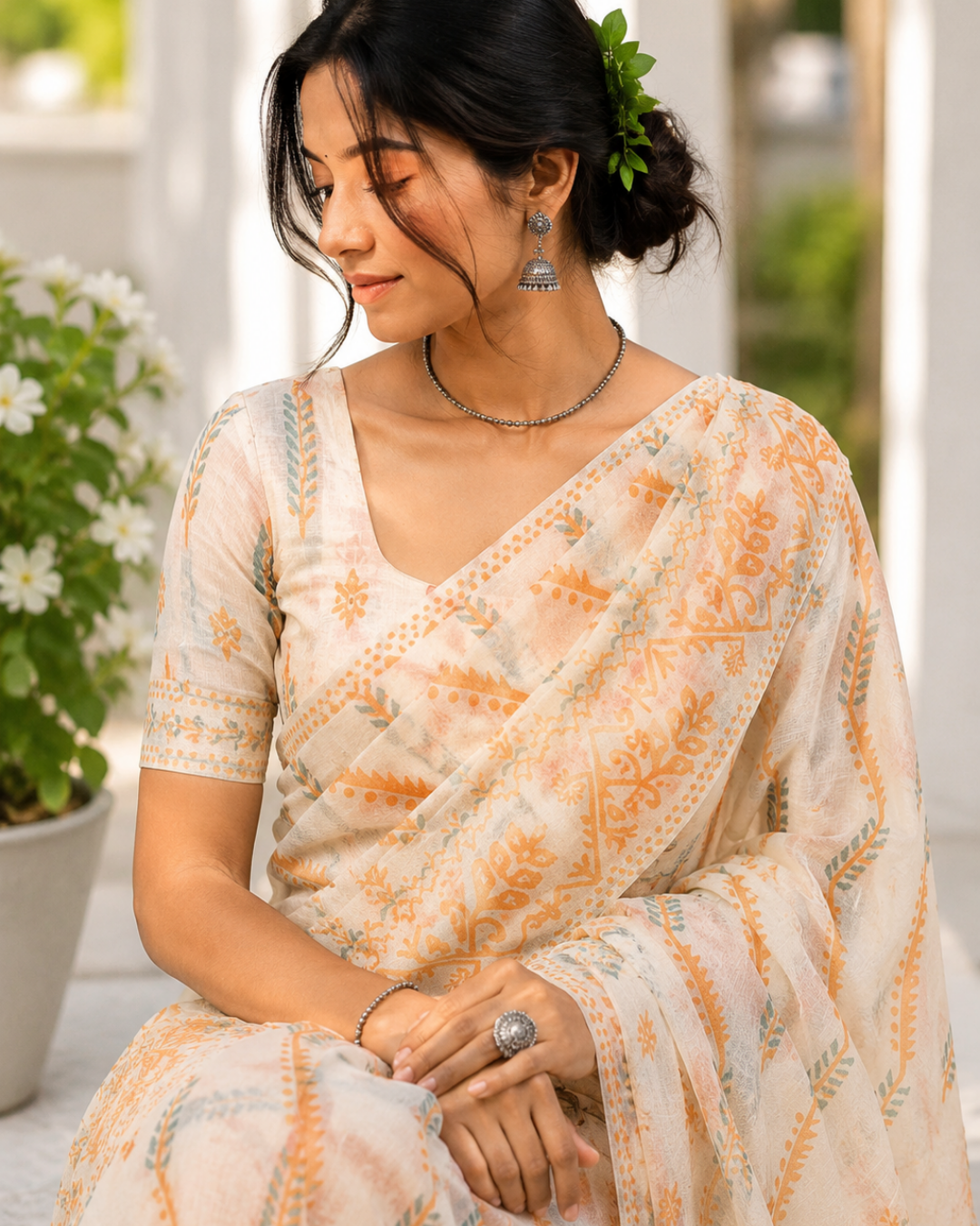 Ivory Peach Chanderi Saree