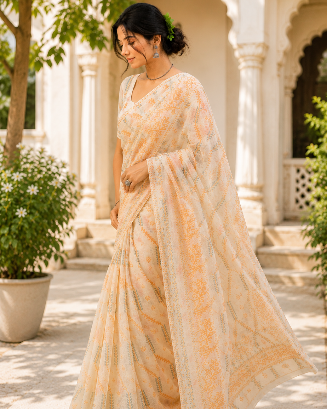 Ivory Peach Chanderi Saree