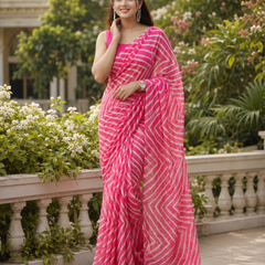 Rose Pink Chevron Printed Georgette Saree