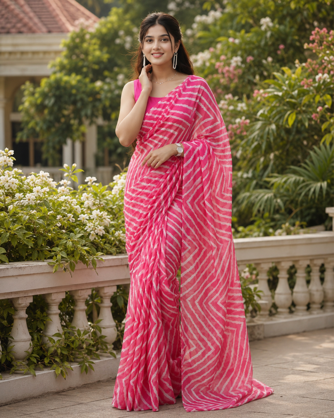 Rose Pink Chevron Printed Georgette Saree