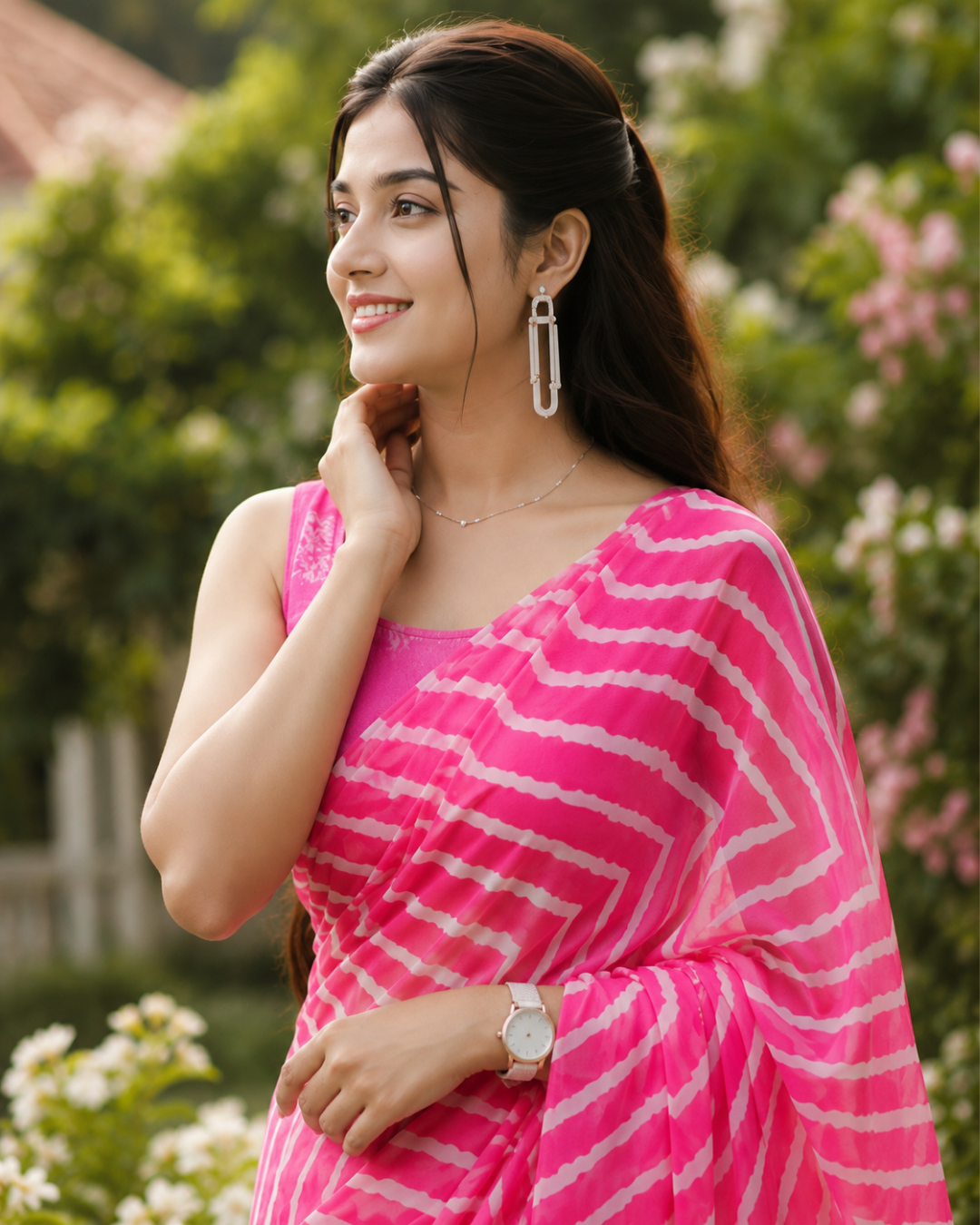 Rose Pink Chevron Printed Georgette Saree