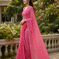 Rose Pink Chevron Printed Georgette Saree