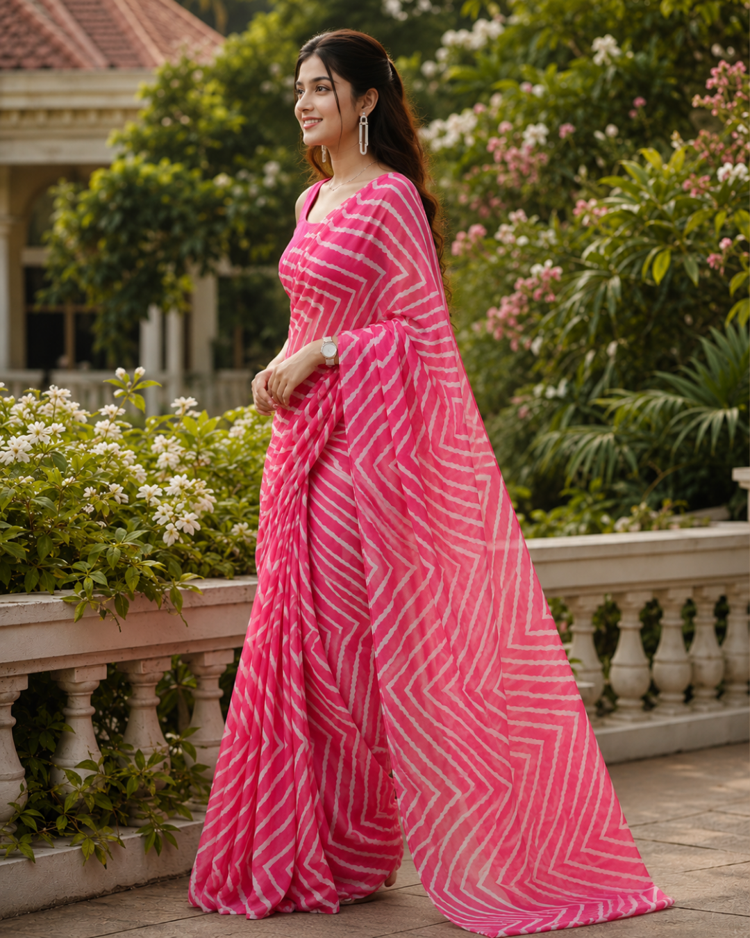 Rose Pink Chevron Printed Georgette Saree
