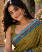 Antique Olive Gold Peacock Blue Border Premium Silk Saree