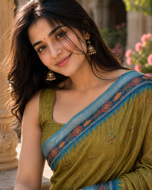 Antique Olive Gold Peacock Blue Border Premium Silk Saree