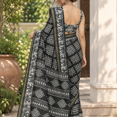 Charcoal Black Batik Bandhani Chanderi Saree