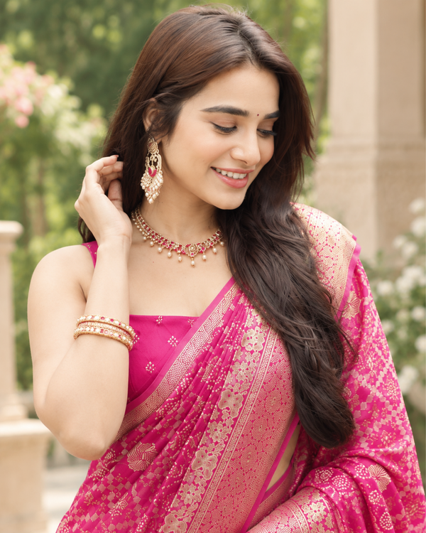 Rani Pink Royal Bandhani Brocade Premium Silk Saree
