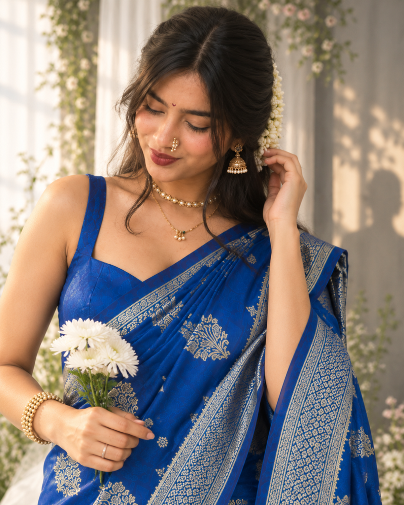 Royal Cobalt Zari Butti Banarasi Silk Saree