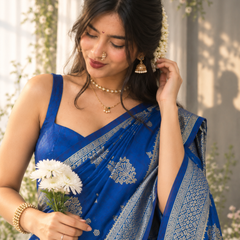 Royal Cobalt Zari Butti Banarasi Silk Saree