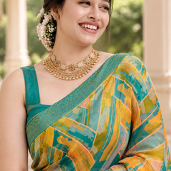 Teal Amber Abstract Mosaic Saree