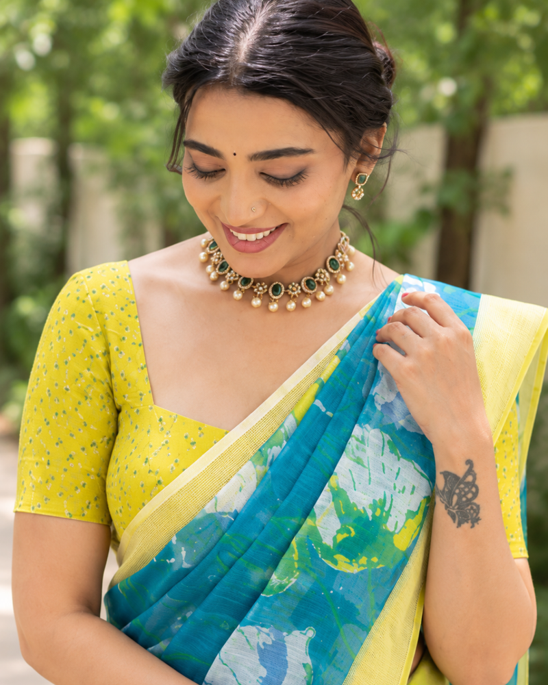 Aqua Marble Wash Floral Chanderi Saree