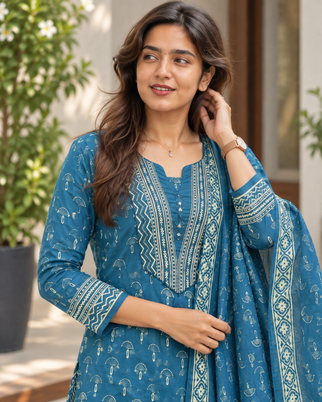 Teal Blue Tribal Printed Kurti Set