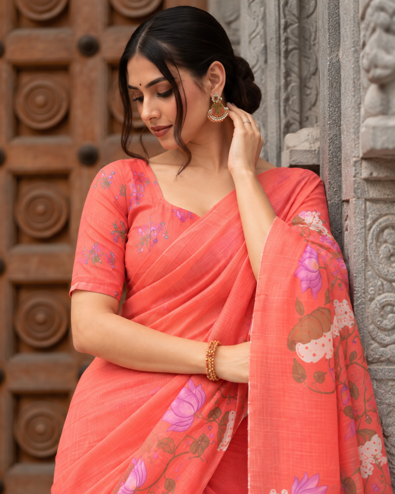 Coral Rose Hand-Painted Lotus Linen Saree