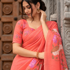 Coral Rose Hand-Painted Lotus Linen Saree