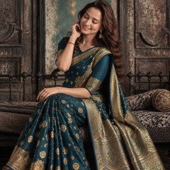 Peacock Blue Floral Zari Silk Saree