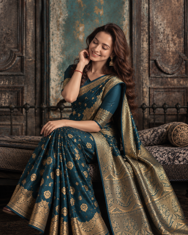 Peacock Blue Floral Zari Silk Saree
