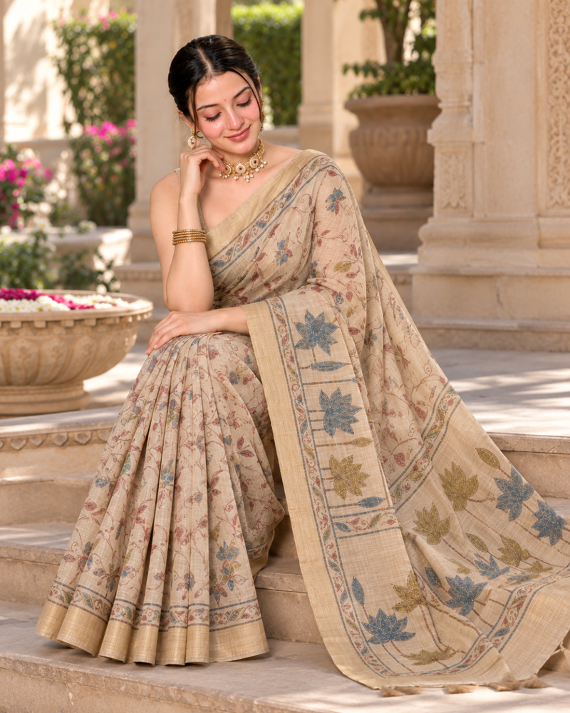 Beige Fawn Kalamkari Lotus Vine Premium Silk Saree