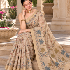 Beige Fawn Kalamkari Lotus Vine Premium Silk Saree