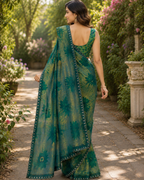 Emerald Green Floral Vine Fandy Silk Saree