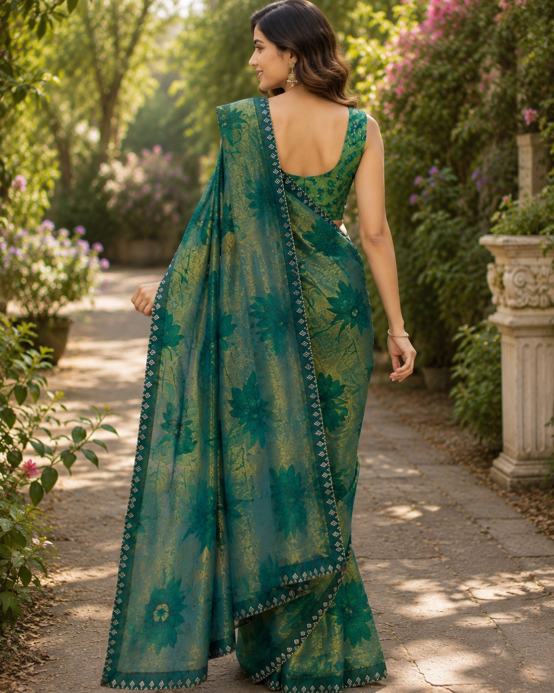 Emerald Green Floral Vine Fandy Silk Saree