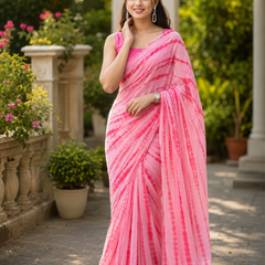 Soft Pink Dotted Stripe Georgette Saree