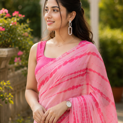 Soft Pink Dotted Stripe Georgette Saree