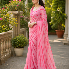Soft Pink Dotted Stripe Georgette Saree