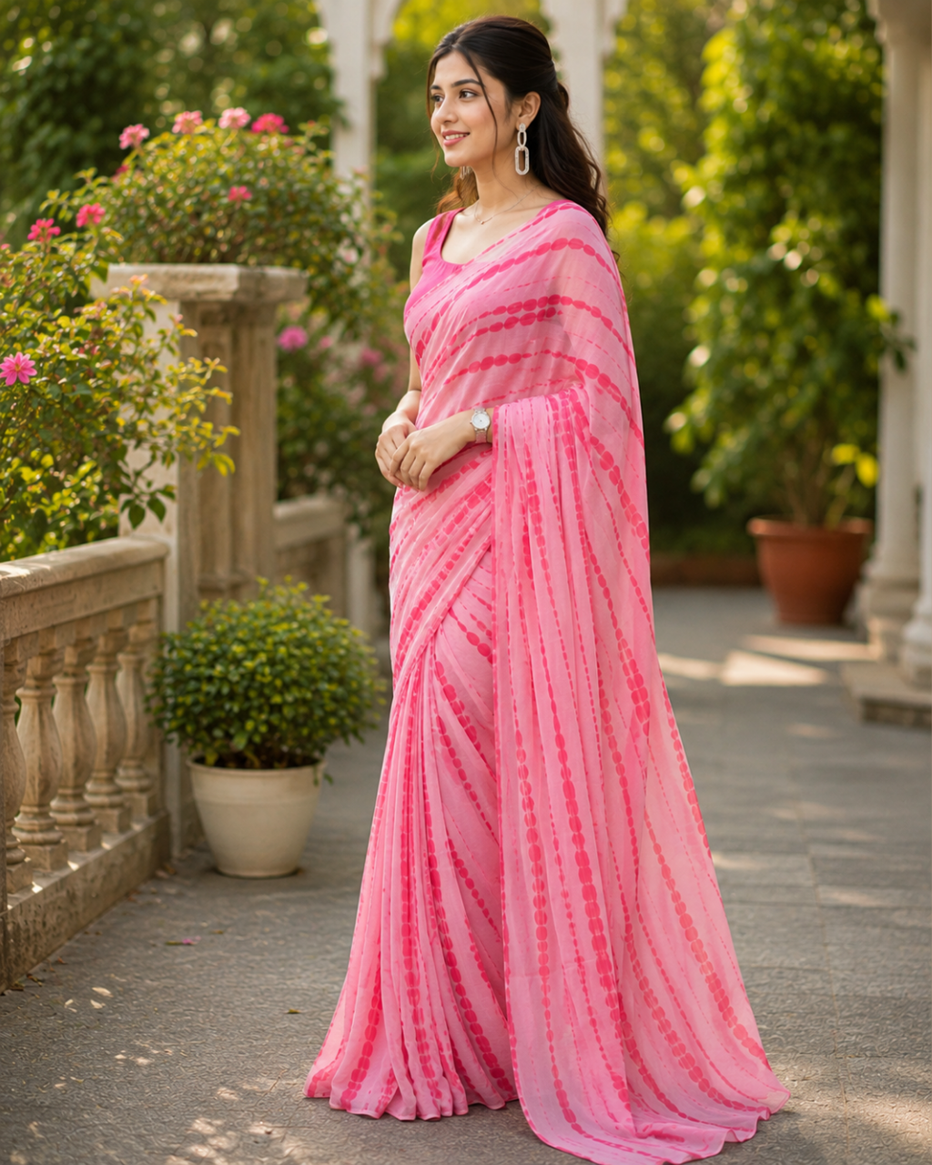 Soft Pink Dotted Stripe Georgette Saree