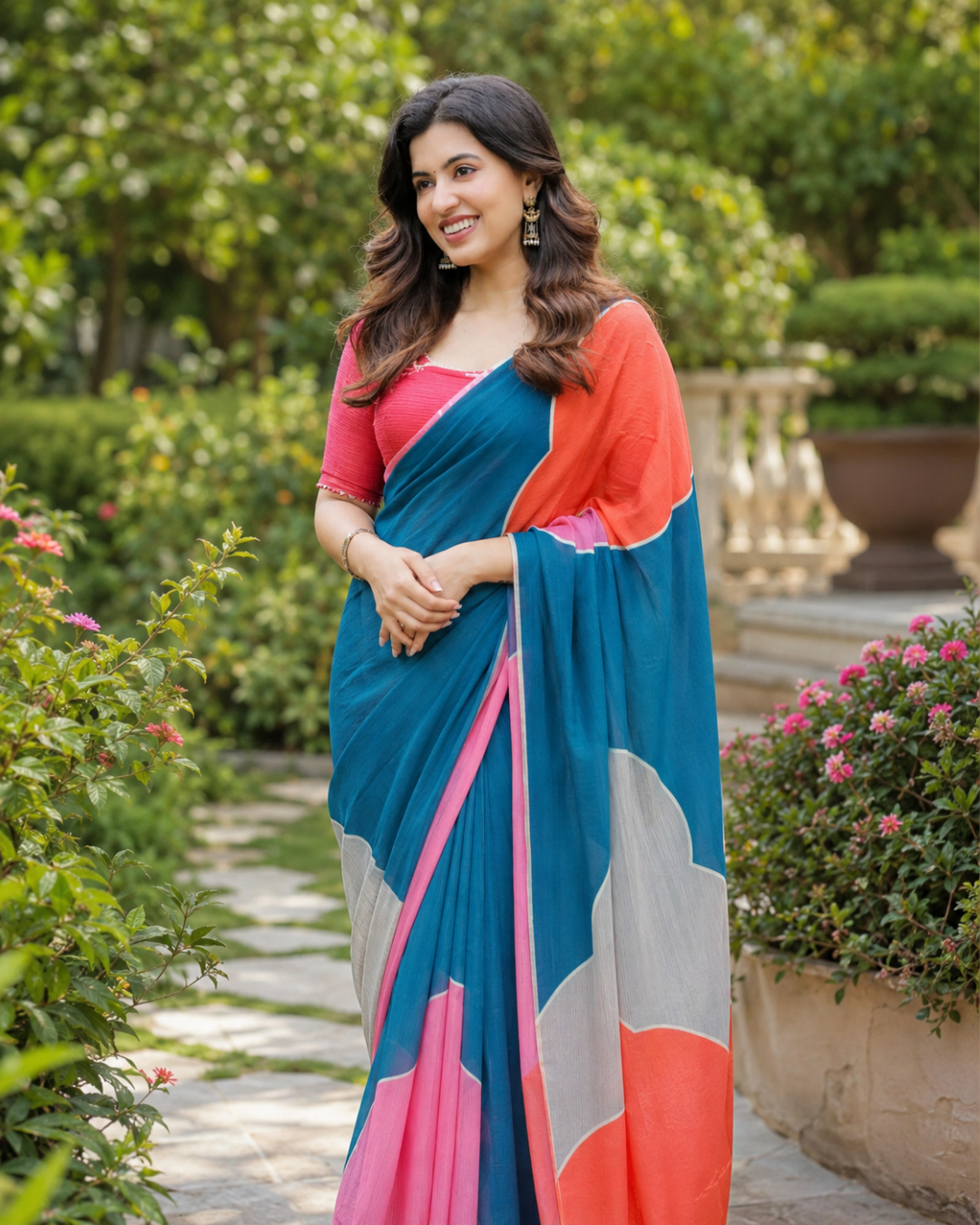 Teal Pink Contrast Saree