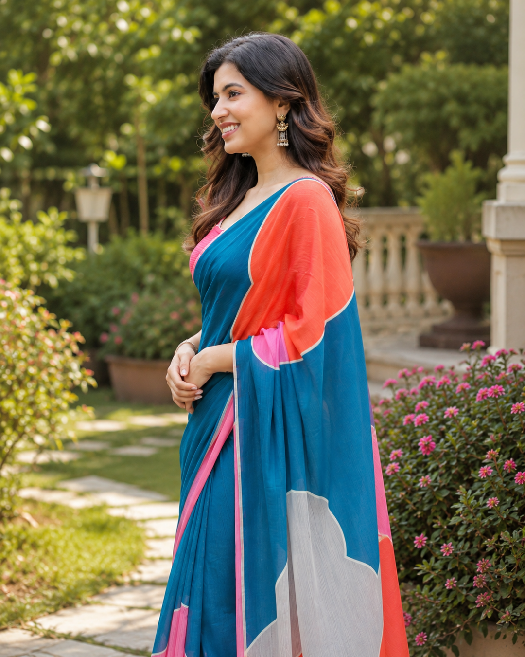 Teal Pink Contrast Saree