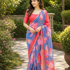 Floral Blue Pink Saree