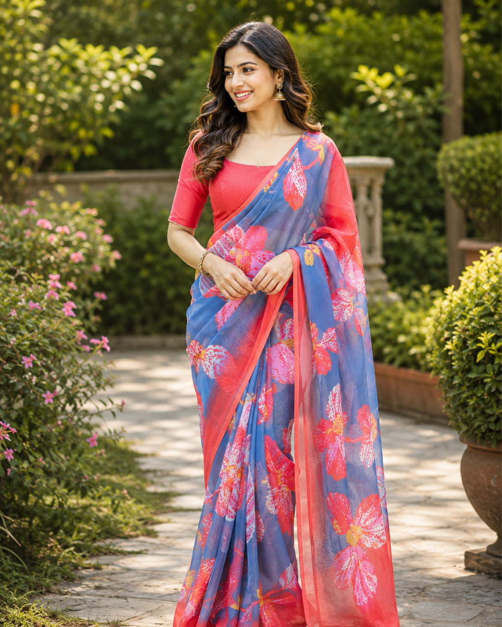 Floral Blue Pink Saree