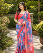 Floral Blue Pink Saree