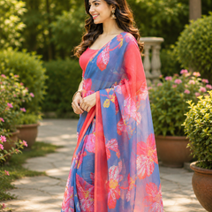 Floral Blue Pink Saree