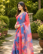 Floral Blue Pink Saree