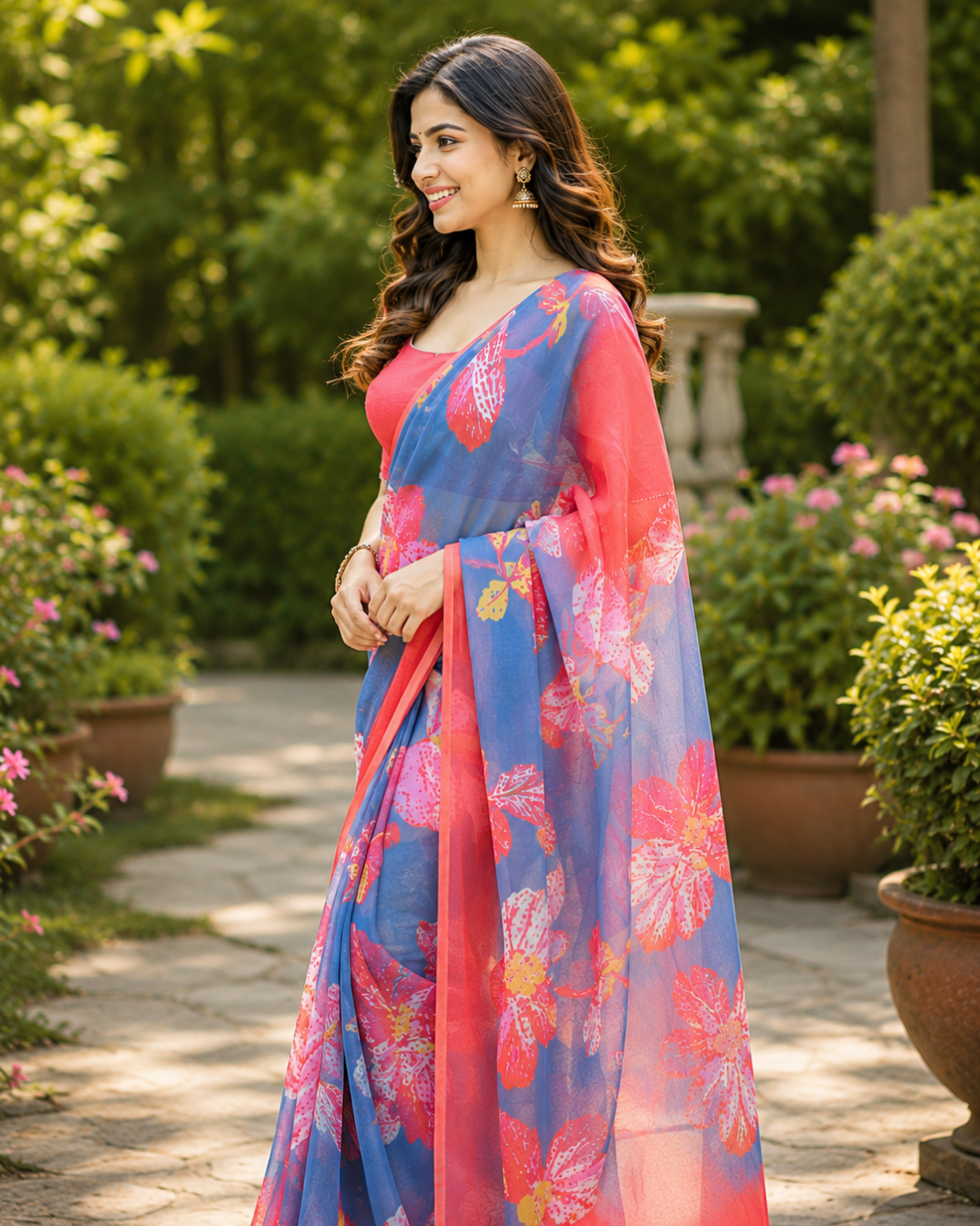 Floral Blue Pink Saree