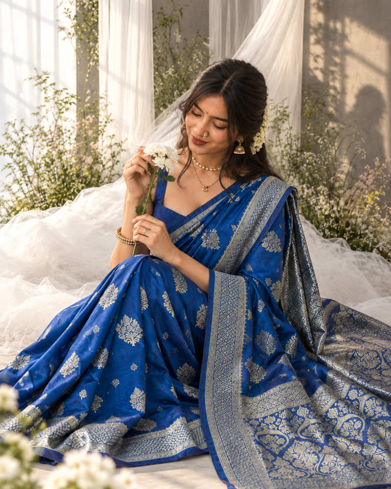 Royal Cobalt Zari Butti Banarasi Silk Saree