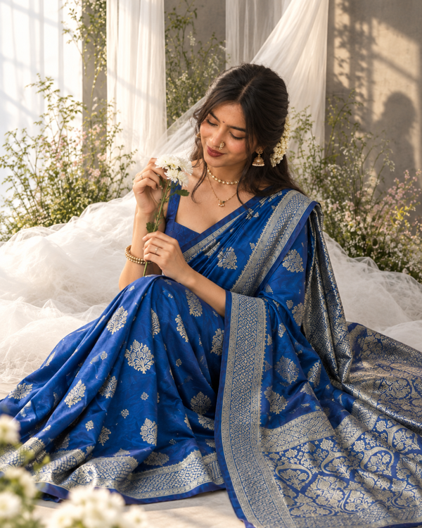 Royal Cobalt Zari Butti Banarasi Silk Saree