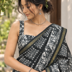 Charcoal Black Batik Bandhani Chanderi Saree