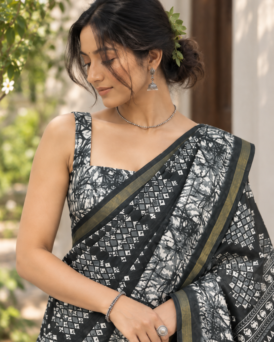 Charcoal Black Batik Bandhani Chanderi Saree