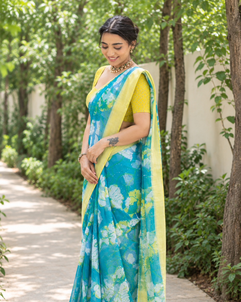 Aqua Marble Wash Floral Chanderi Saree