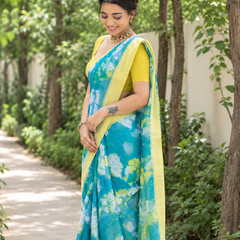 Aqua Marble Wash Floral Chanderi Saree