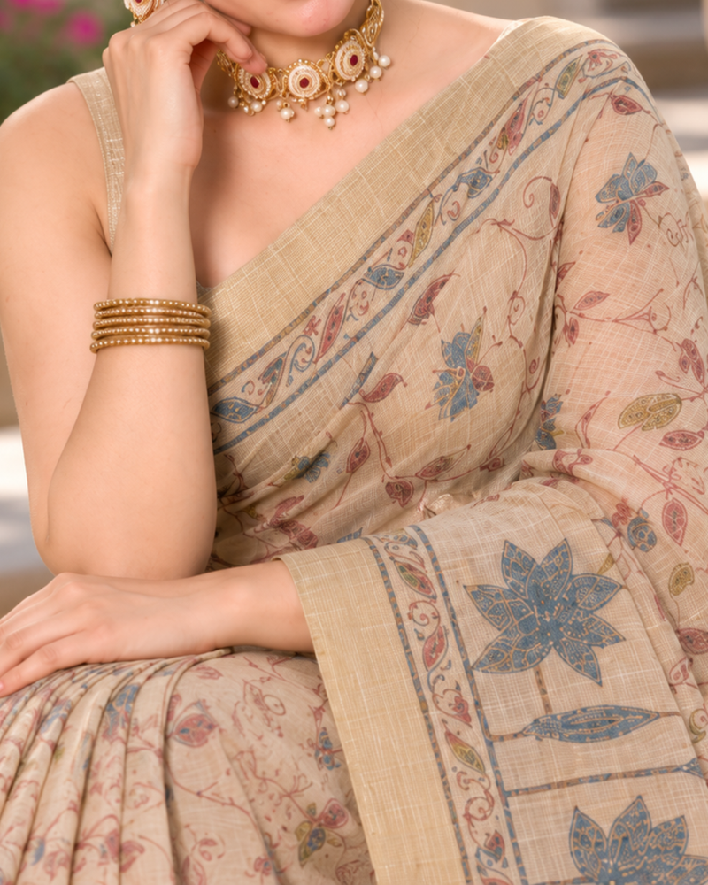 Beige Fawn Kalamkari Lotus Vine Premium Silk Saree