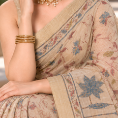 Beige Fawn Kalamkari Lotus Vine Premium Silk Saree