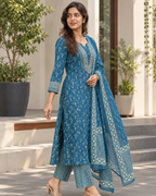 Teal Blue Tribal Printed Kurti Set